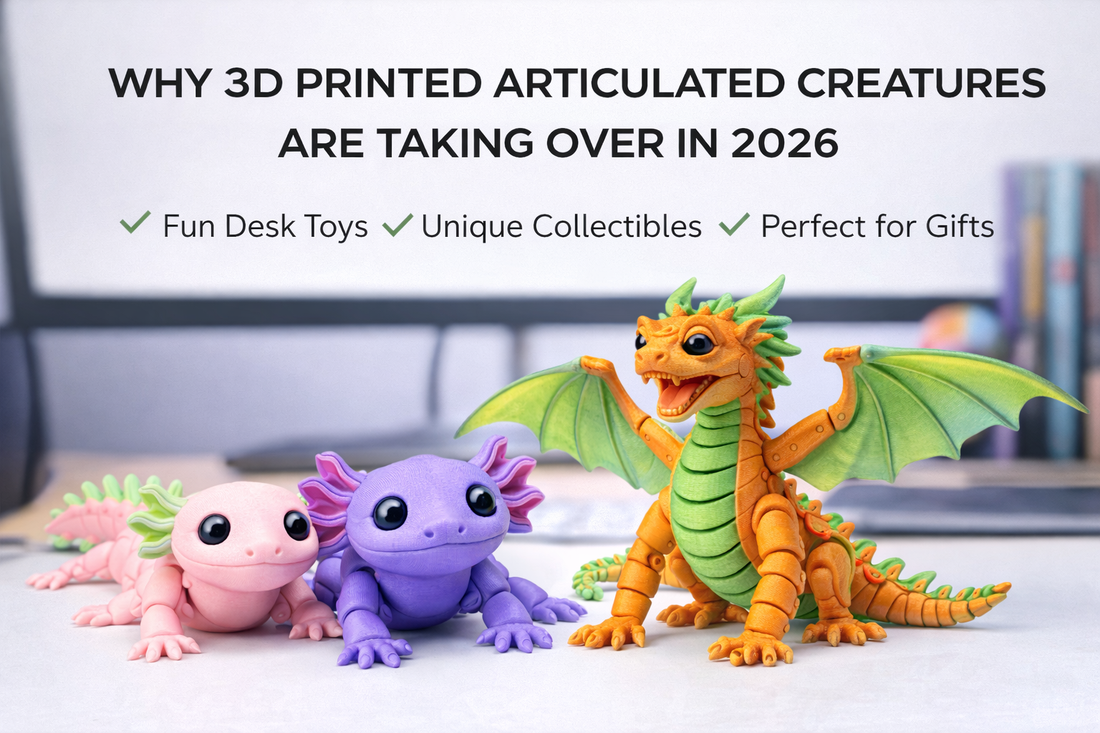 articulated 3D printed axolotl and dragon figures, flexible creatures, desk toys and collectibles by BuildInk made in USA