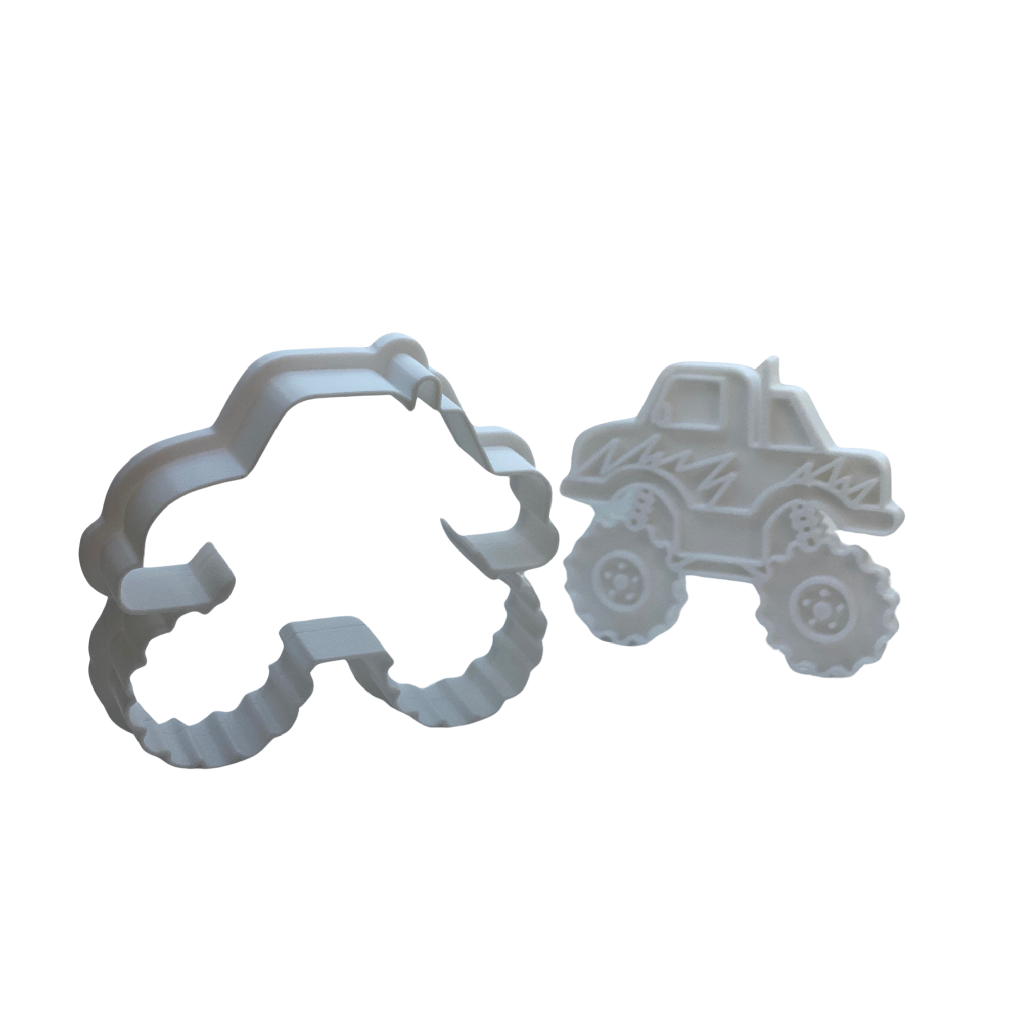 BuildInk Monster Truck Clay Cutter Set – 2 PCS 3D Printed Polymer Clay Cutters – 3.5" & 2.5" – Stamp & Outline Tools – Random Color – for Kids Crafts, DIY, and Baking