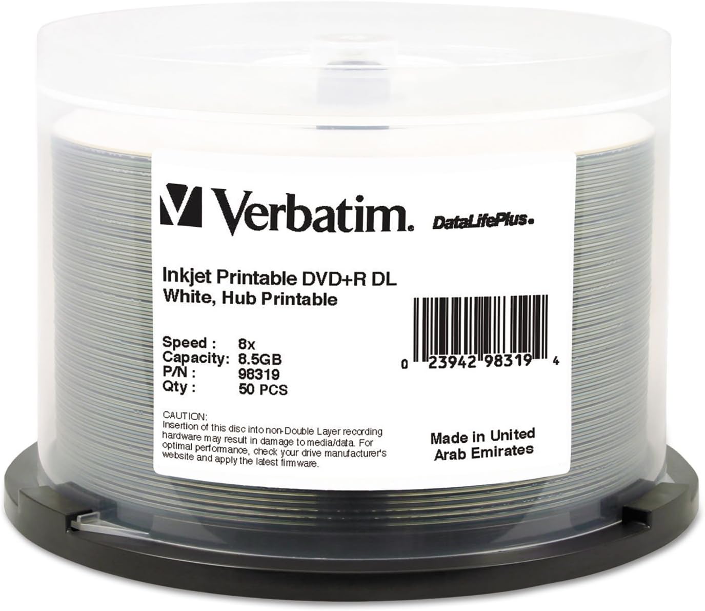 Verbatim DVD+R DL 8.5GB 8X DataLifePlus White InkJet Printable, Hub Printable - 50pk Spindle - 98319