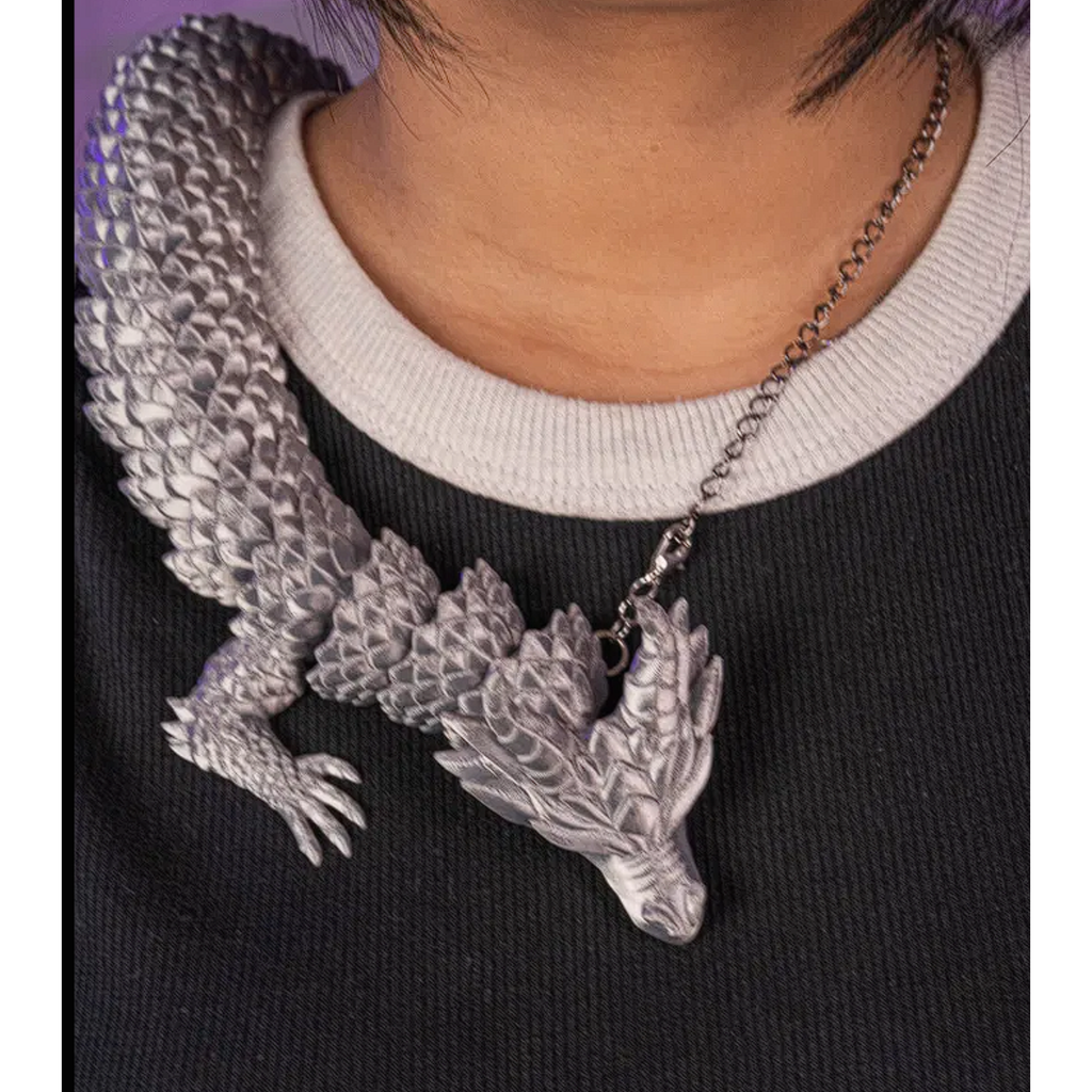 Articulated Dragon Necklace 14" - Silver w/ Red Eyes 3D