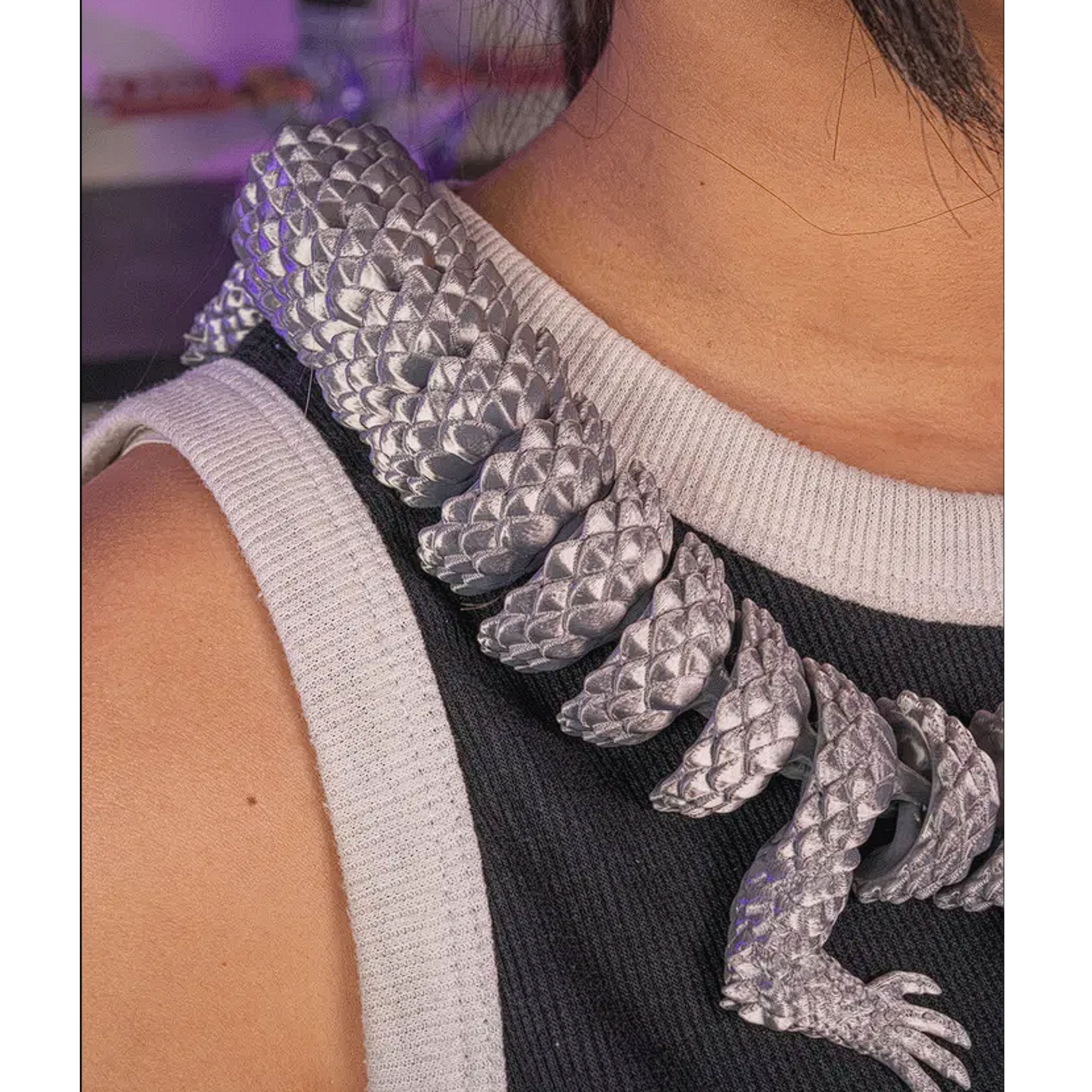 Articulated Dragon Necklace 14" - Silver w/ Red Eyes 3D