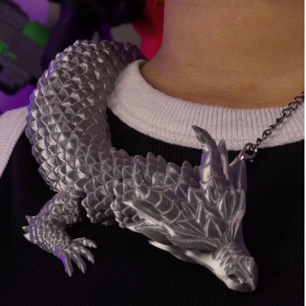 Articulated Dragon Necklace 14" - Silver w/ Red Eyes 3D
