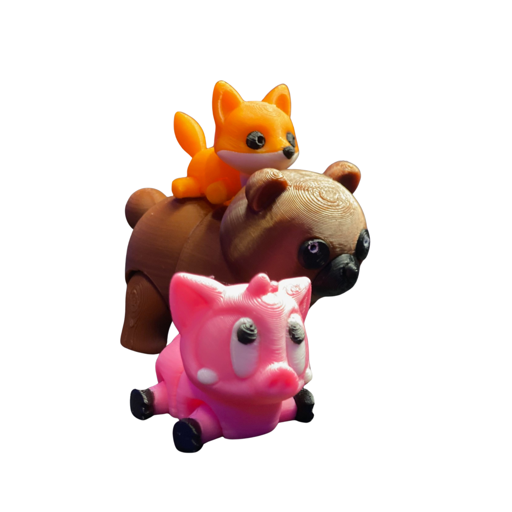 3 Pack 3D Printed Mini Animals - Fox Pig Bear Figurine Set