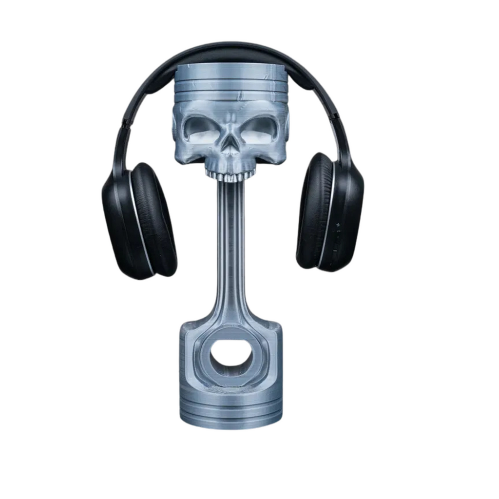 3D Printed Skull Headphone Stand – Piston Engine Design – Silver Finish