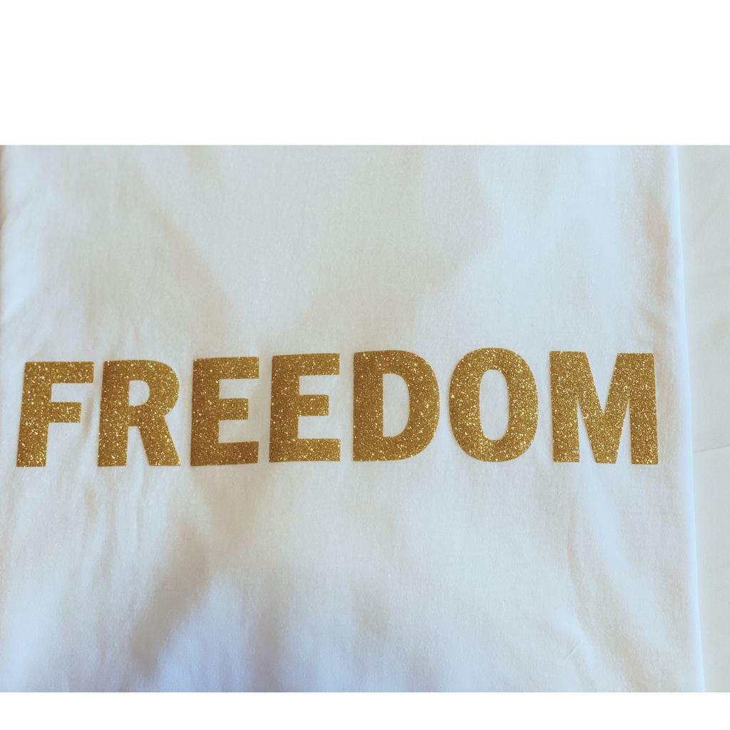FREEDOM Gold Edition T-Shirt – White Cotton Tee with Glitter Gold Print – Limited Edition