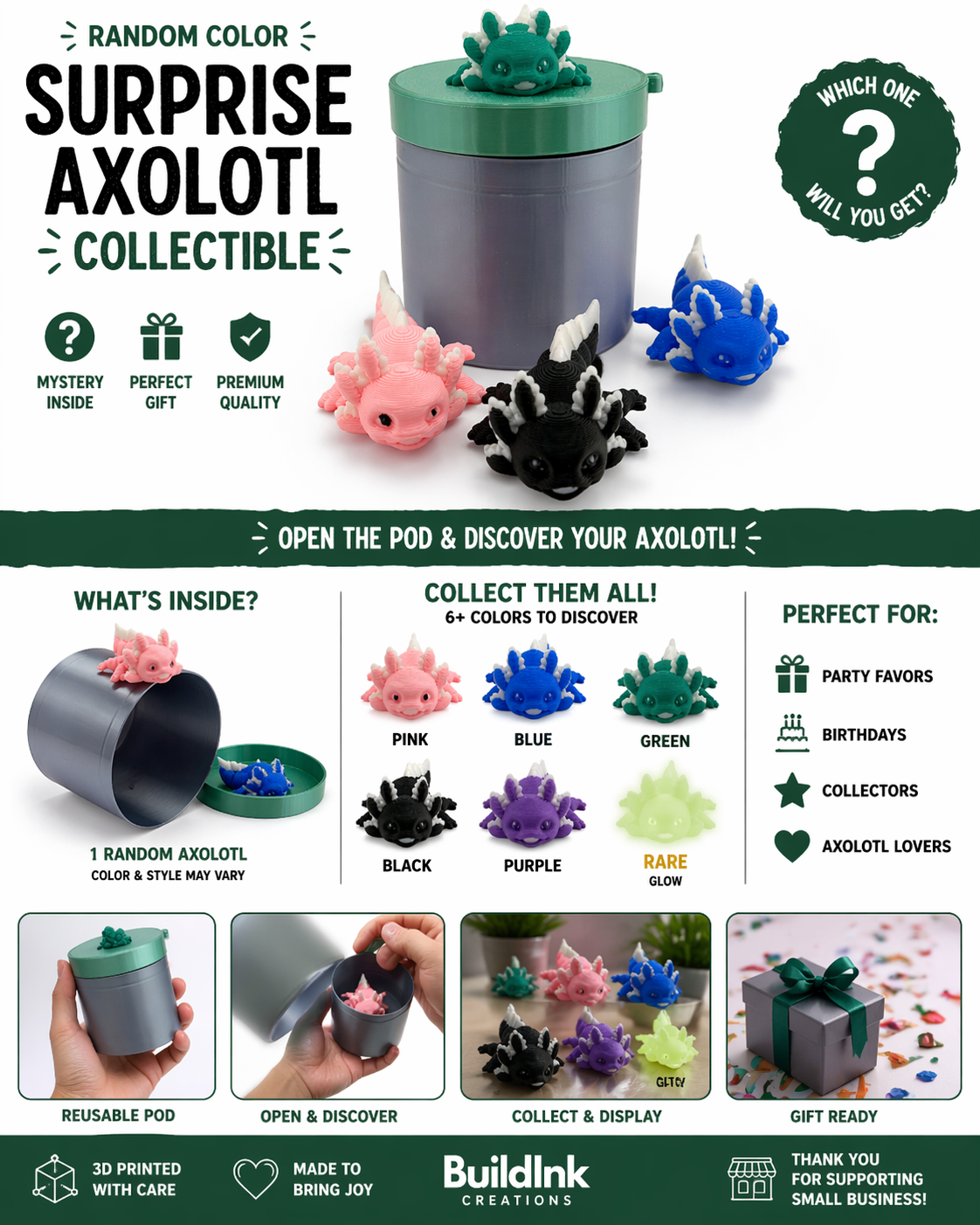 Mystery Axolotl Collectible Pod Random Color 3D Printed Figure Made in USA