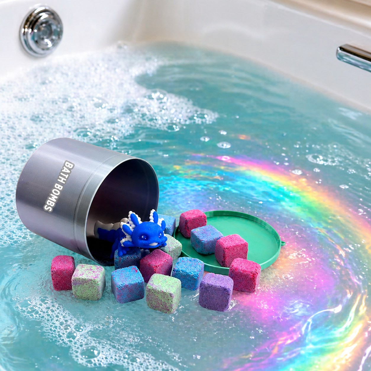 Tiny Bath Bomb Cubes Set with Random 3D Printed Axolotl & Storage Container – Approx 15 Pieces