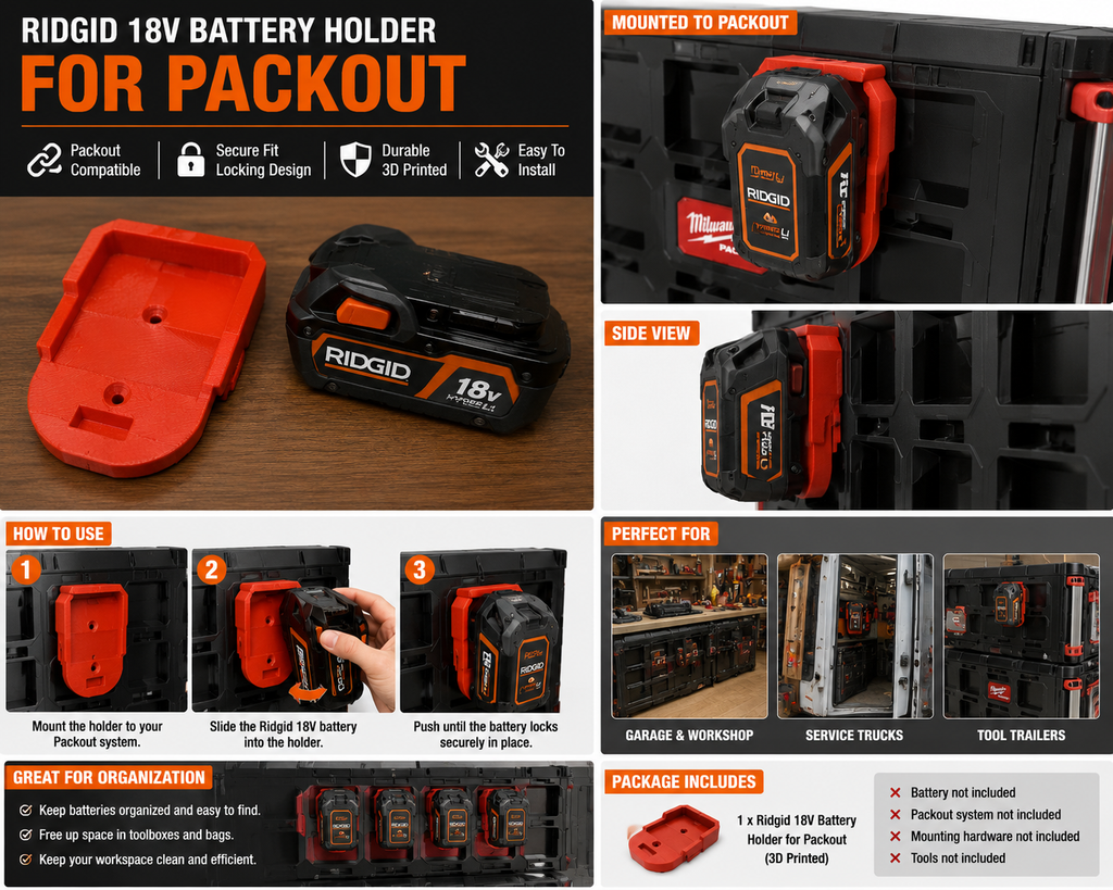 Ridgid 18V Battery Holder for Packout Mount Organizer Red 3D Printed