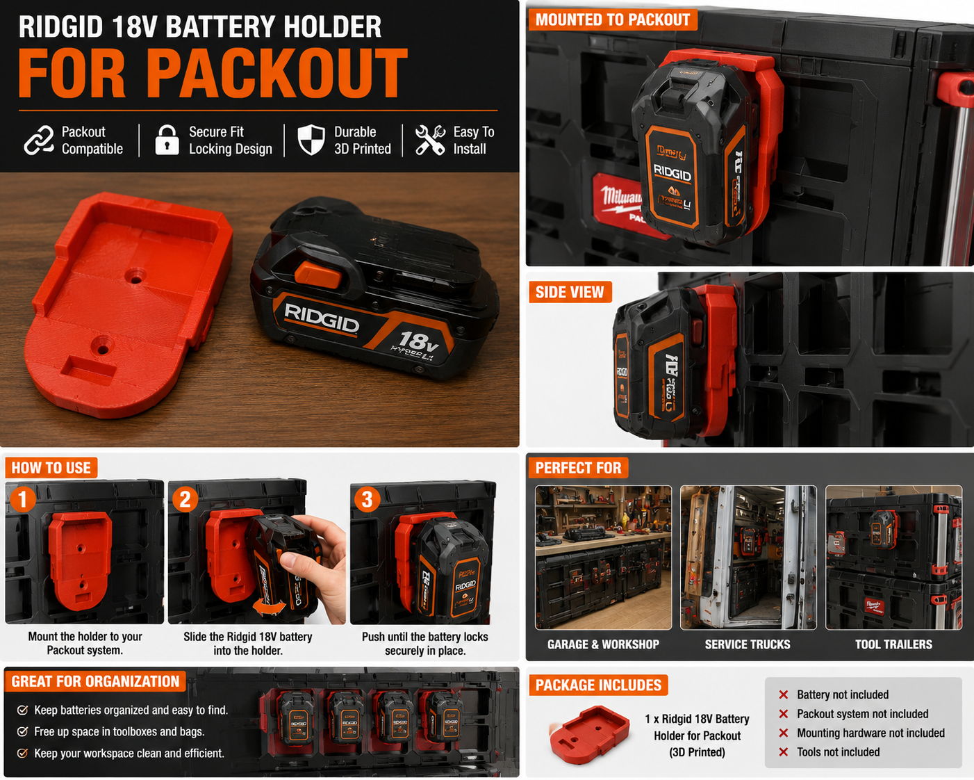 Ridgid 18V Battery Holder for Packout Mount Organizer Red 3D Printed