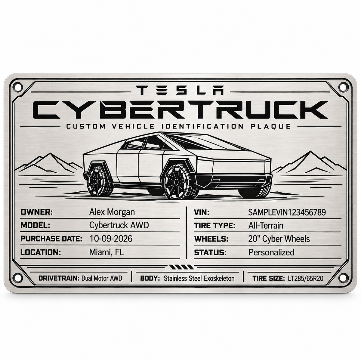 Custom Metal Vehicle ID Plaque - Laser Engraved Stainless Steel