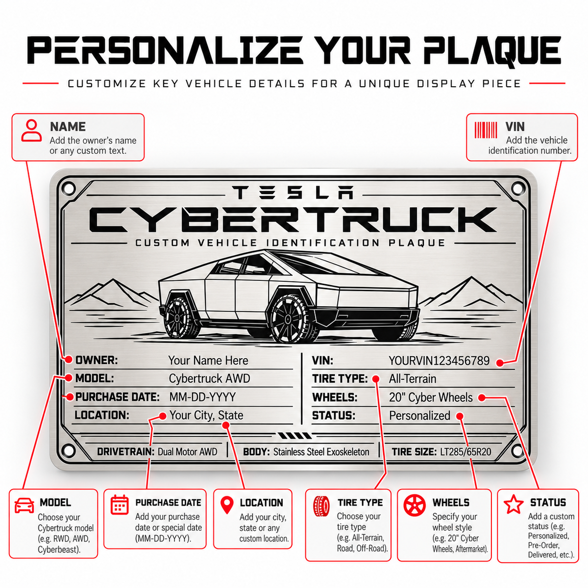 Custom Metal Vehicle ID Plaque - Laser Engraved Stainless Steel