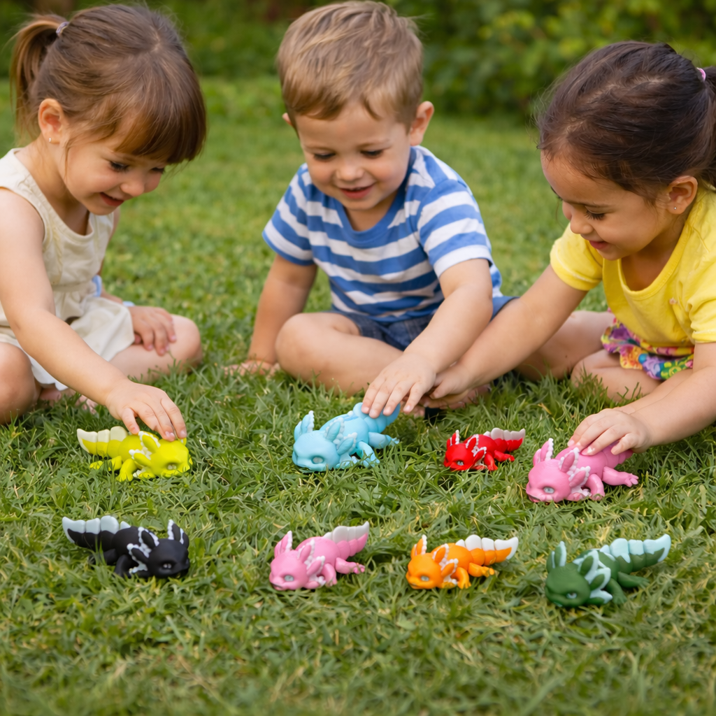 3D Printed Axolotl Figurine – Mini Articulated Desk Decor Set of 9 – Random Colors