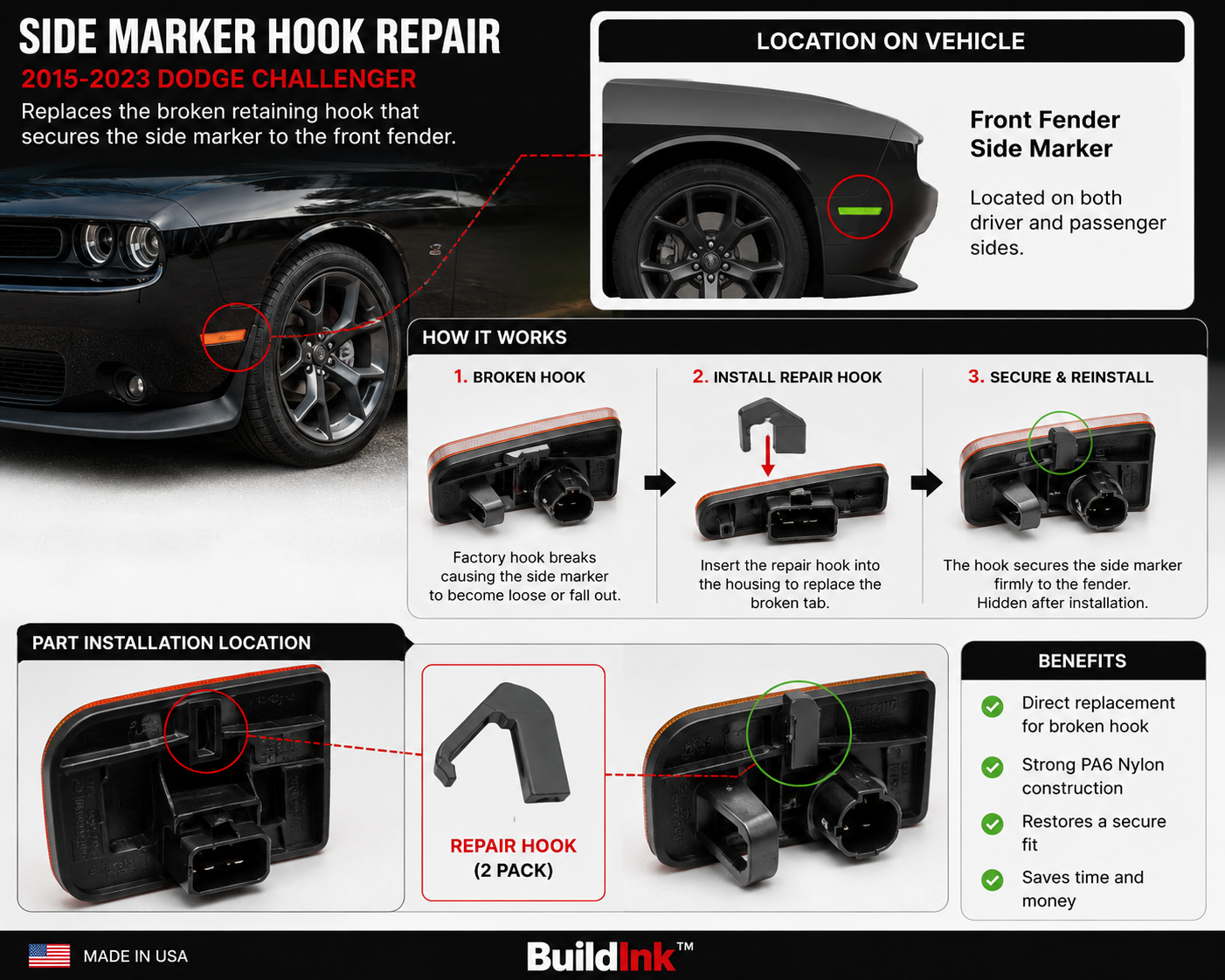2 Pack Side Marker Hook Repair Clips for 2015-2023 Dodge Challenger