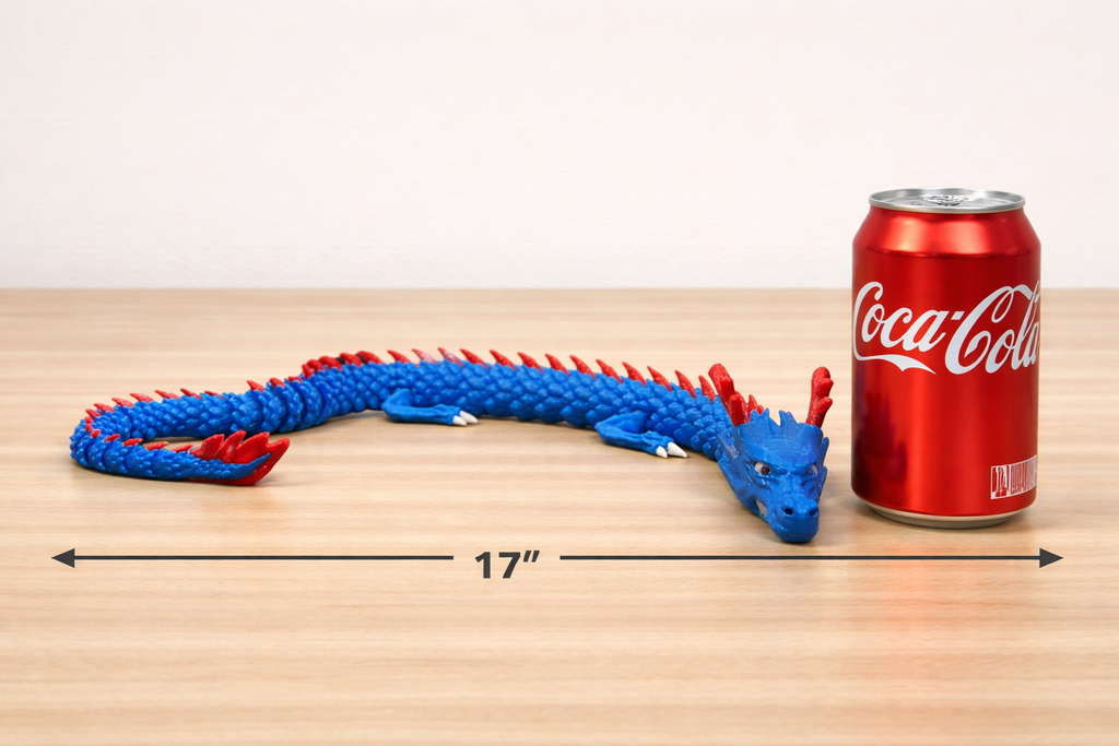 Giant 17 Inch Flexi Dragon - Articulated Sensory Fidget Toy - Blue Body Red Spines
