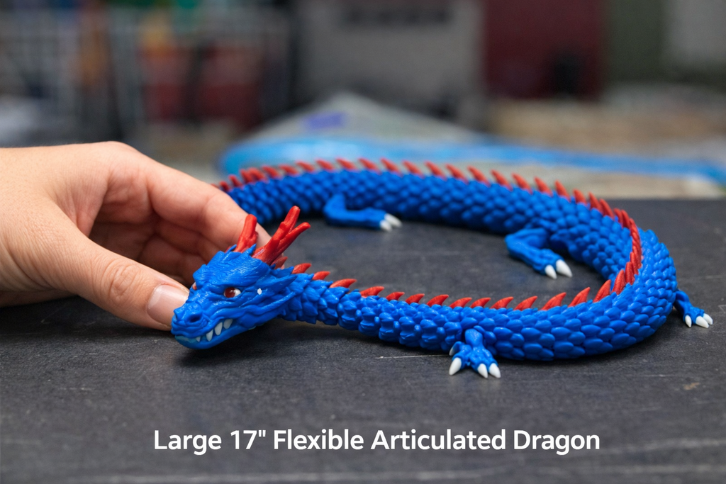 Giant 17 Inch Flexi Dragon - Articulated Sensory Fidget Toy - Blue Body Red Spines