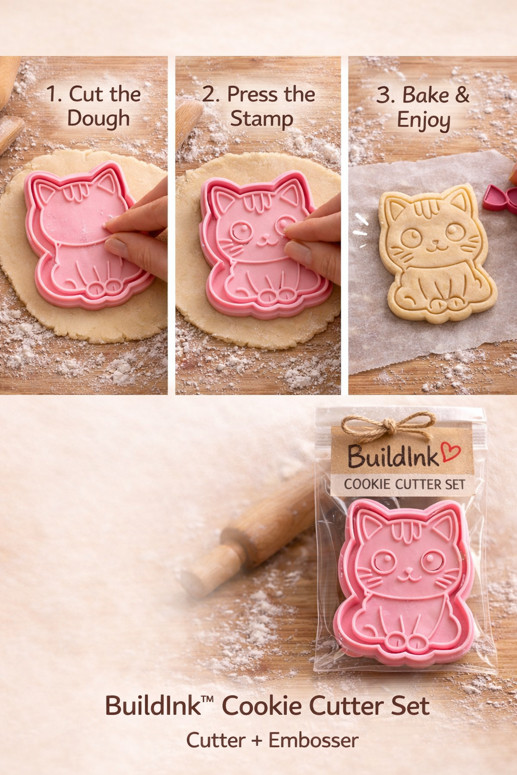 Cute Cat Cookie Cutter Set of 5 – Kawaii Kitty Cookie Mold – 3D Printed Baking Cutter Stamp – Fondant Biscuit Mold