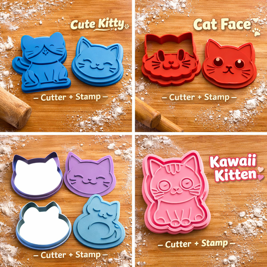 Cute Cat Cookie Cutter Set of 5 – Kawaii Kitty Cookie Mold – 3D Printed Baking Cutter Stamp – Fondant Biscuit Mold