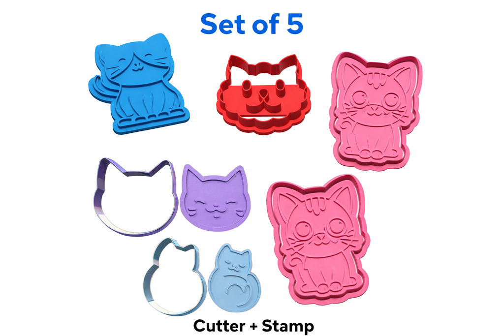 Cute Cat Cookie Cutter Set of 5 – Kawaii Kitty Cookie Mold – 3D Printed Baking Cutter Stamp – Fondant Biscuit Mold