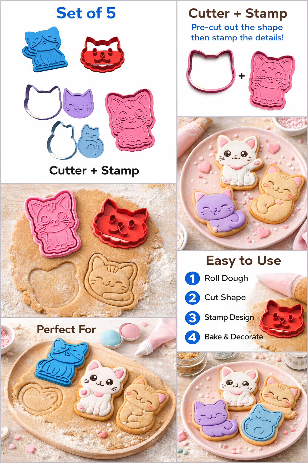 Cute Cat Cookie Cutter Set of 5 – Kawaii Kitty Cookie Mold – 3D Printed Baking Cutter Stamp – Fondant Biscuit Mold