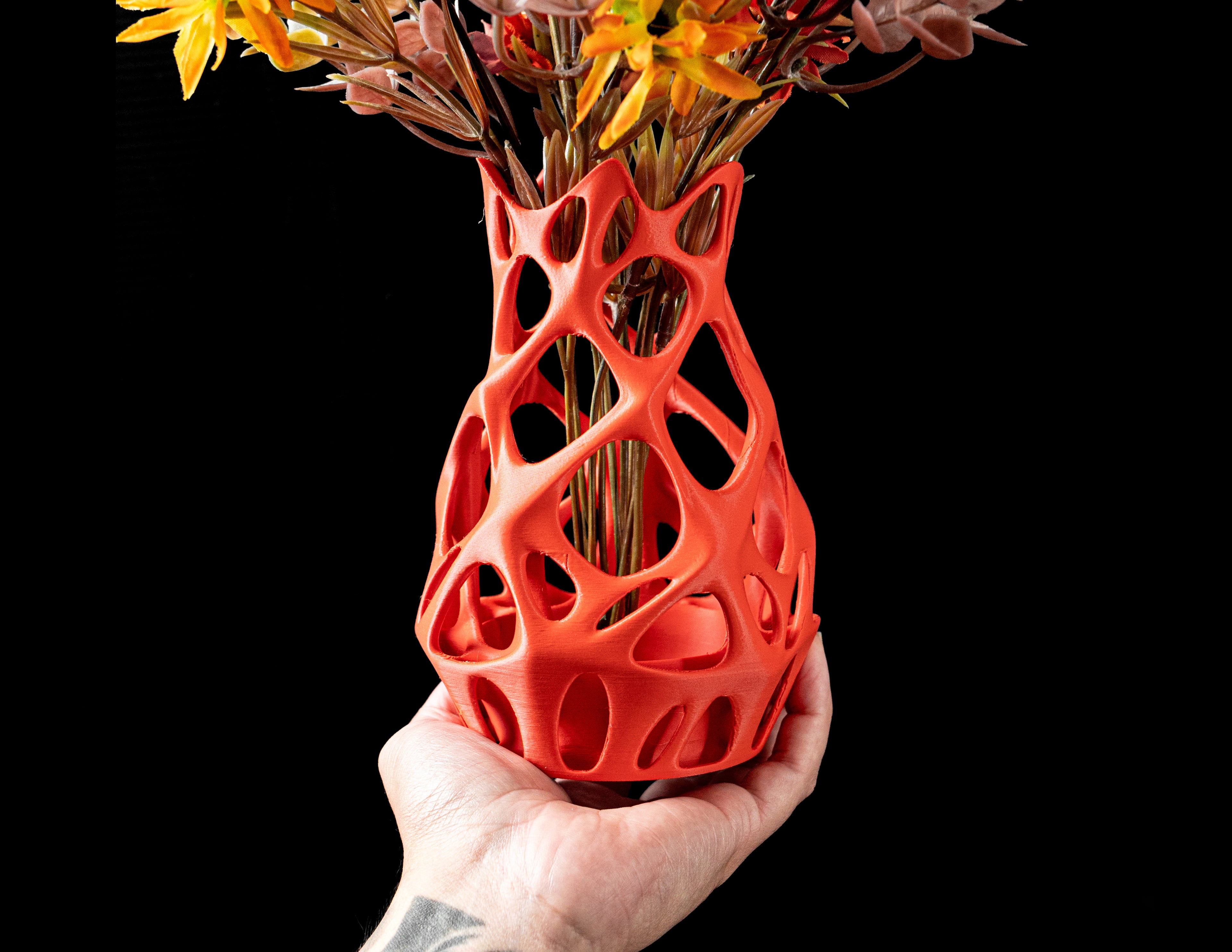 3D Printed Red Sculptural Vase – Organic Openwork Design – Handmade Decor