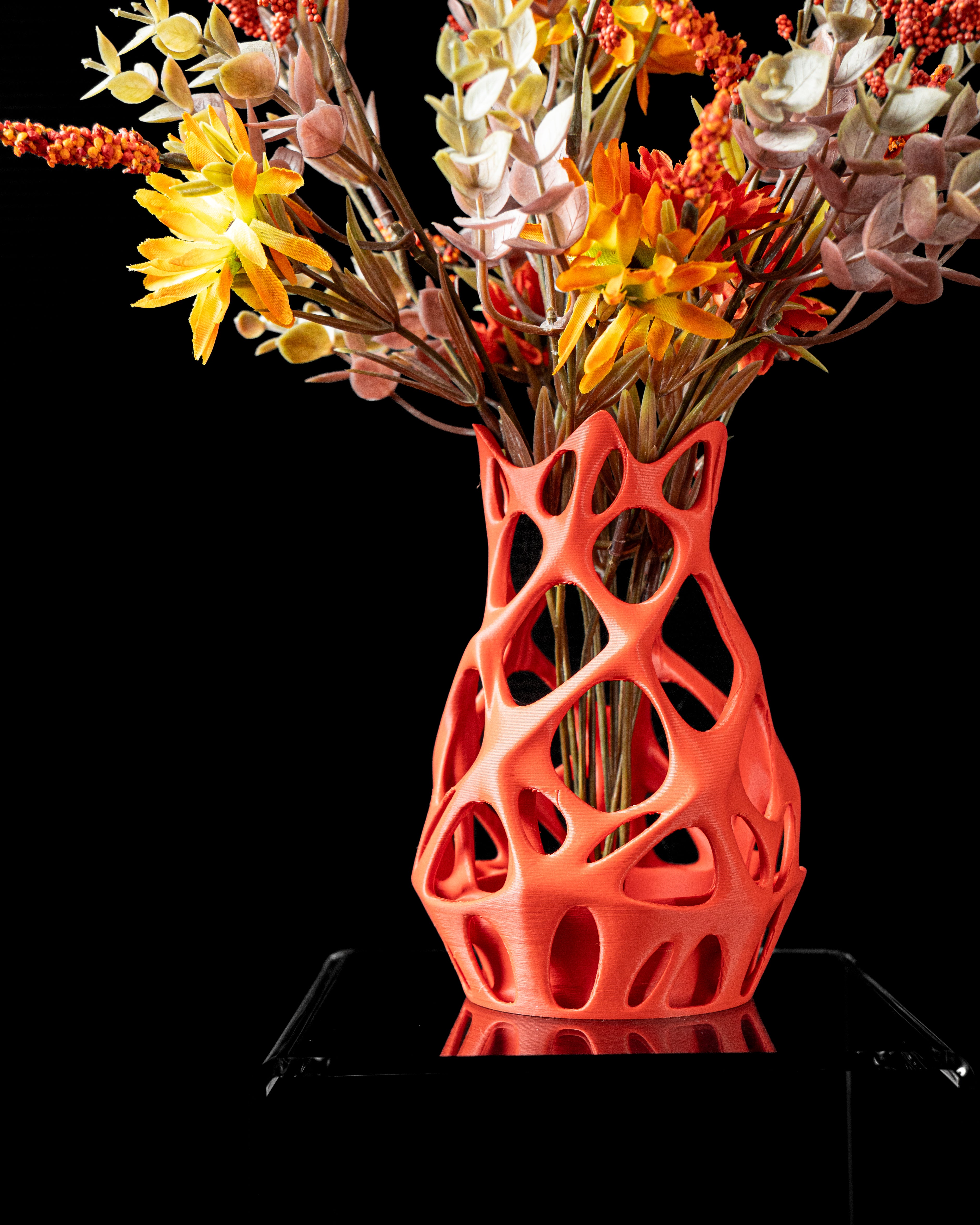 3D Printed Red Sculptural Vase – Organic Openwork Design – Handmade Decor