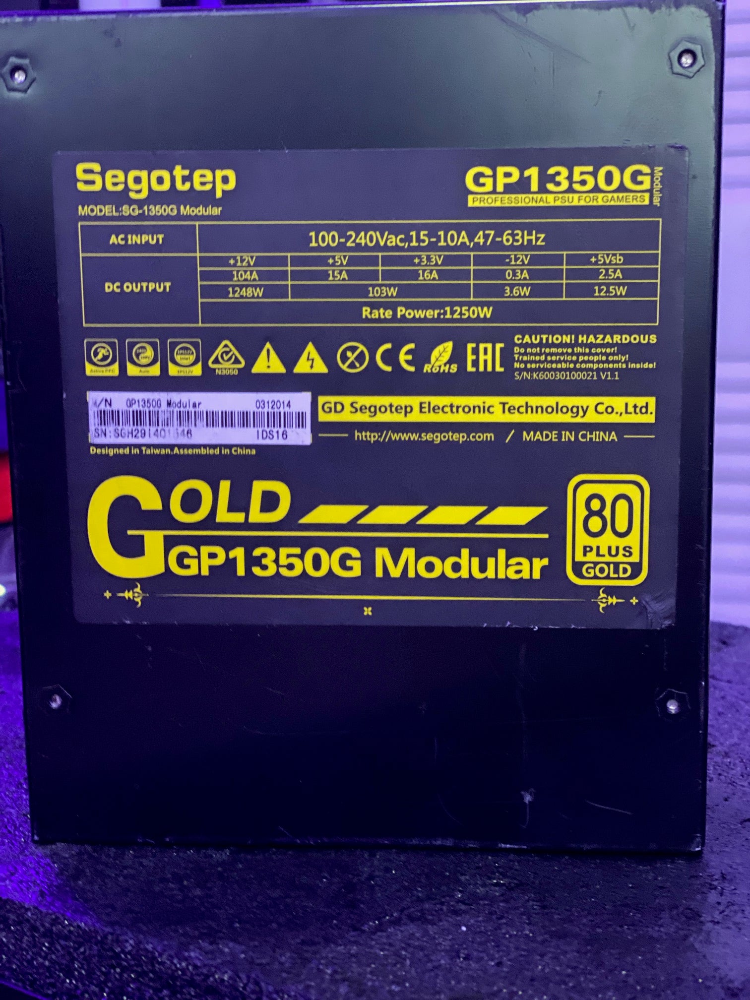 Used Segotep GP1350G 1250W 80+ GOLD Full Modular PC Power Supply PSU + AC Cord