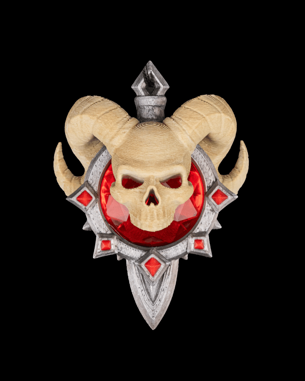 Demonic Skull Pendant Necklace – 3D Printed Gothic Fantasy Jewelry with Red Gem