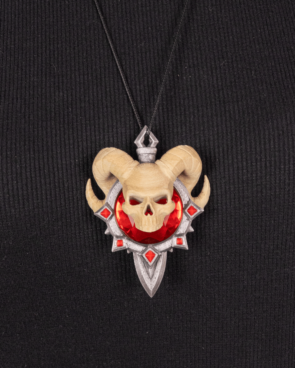 Demonic Skull Pendant Necklace – 3D Printed Gothic Fantasy Jewelry with Red Gem