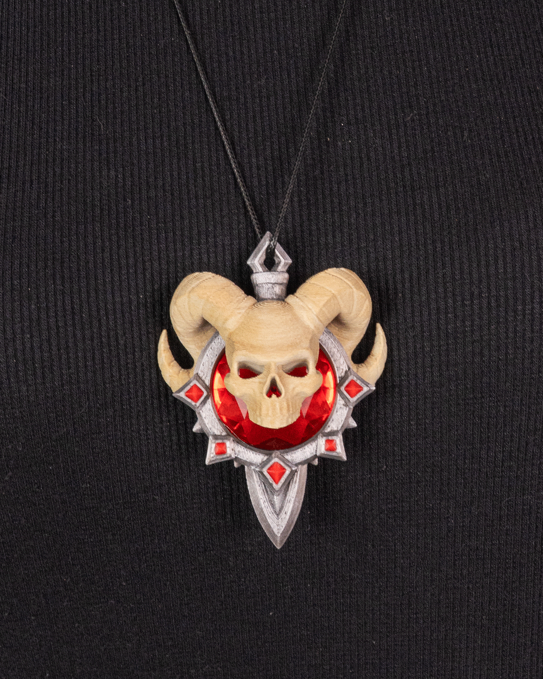 Demonic Skull Pendant Necklace – 3D Printed Gothic Fantasy Jewelry with Red Gem