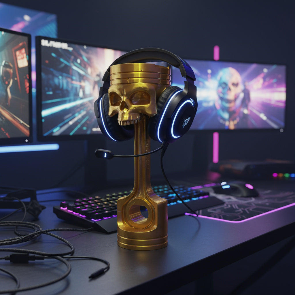 Metallic Gold Skull Piston Headphone Stand | Gaming Headset Holder | Unique Desk Decor/Man Cave Trophy