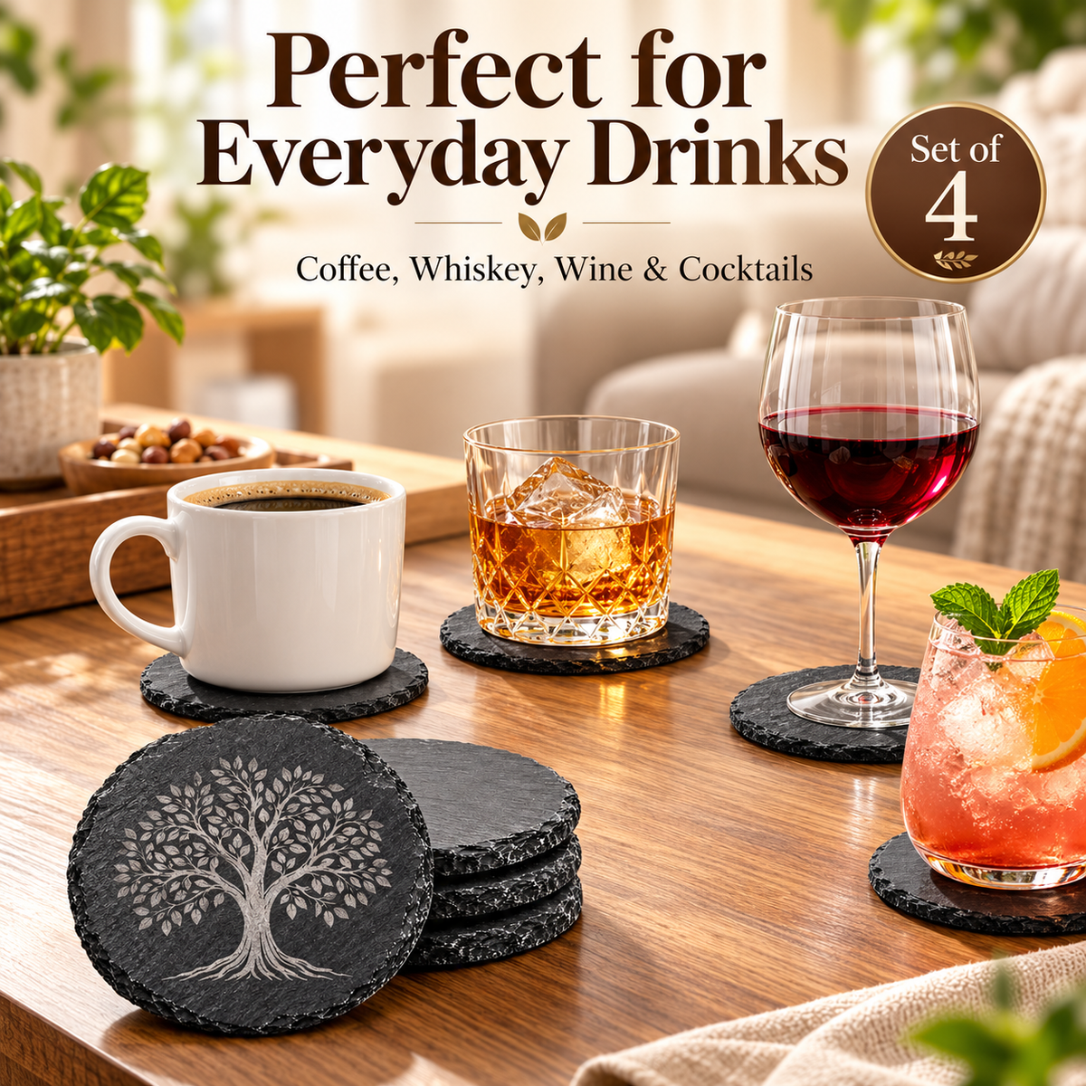 Custom Engraved Slate Coasters – Personalized Business Logo, Round or Square