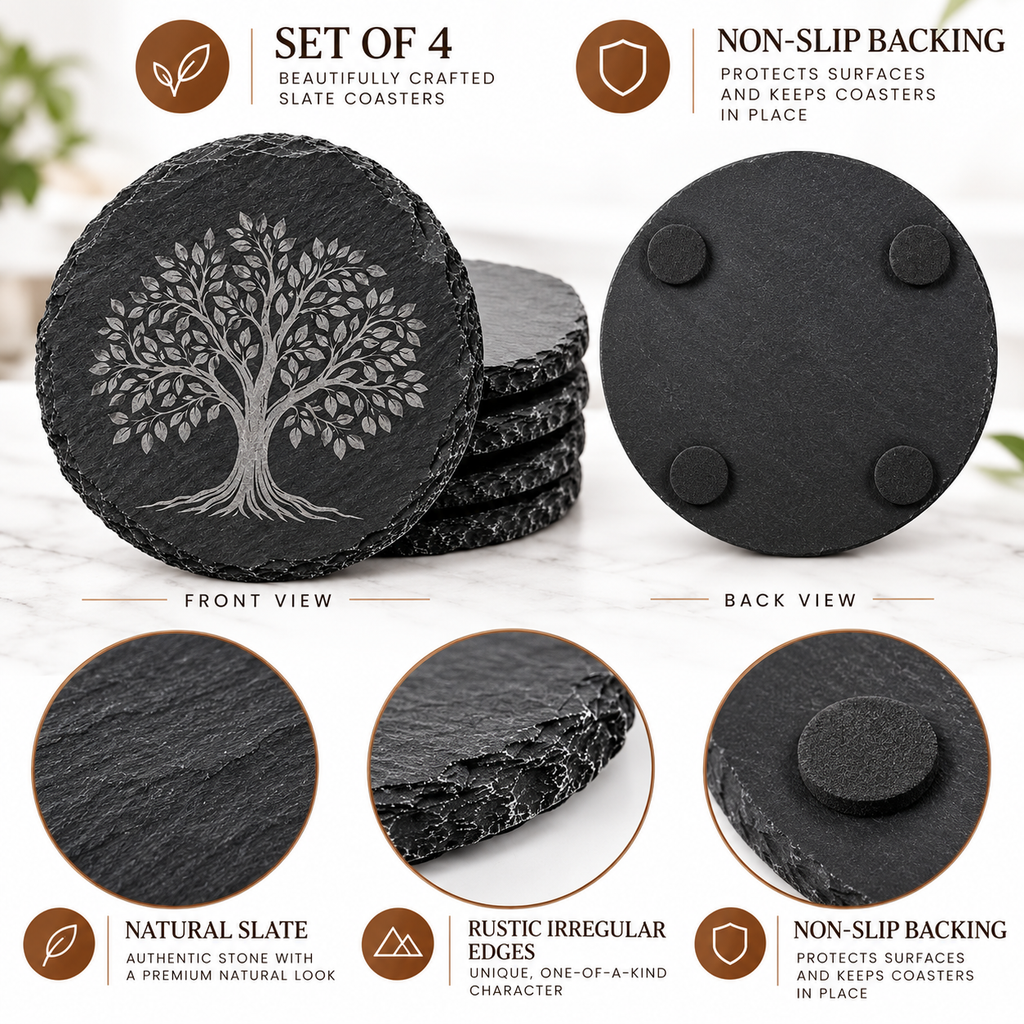 Custom Engraved Slate Coasters – Personalized Business Logo, Round or Square