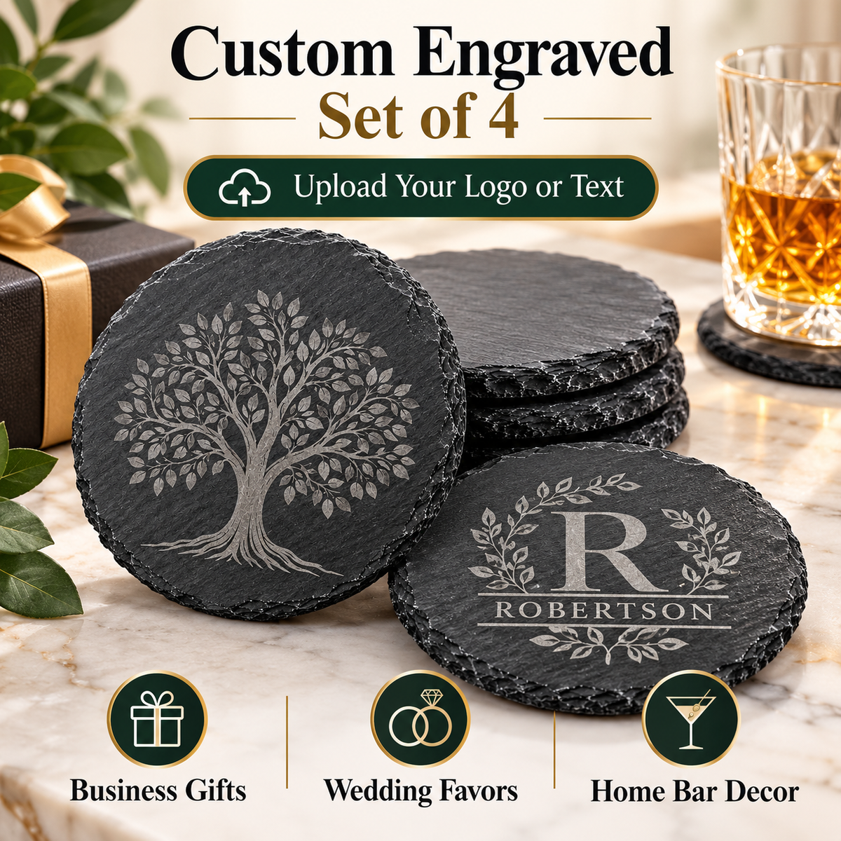 Custom Engraved Slate Coasters – Personalized Business Logo, Round or Square