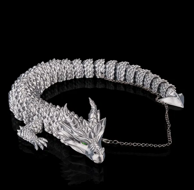 Articulated Dragon Necklace 14" - Silver w/ Red Eyes 3D