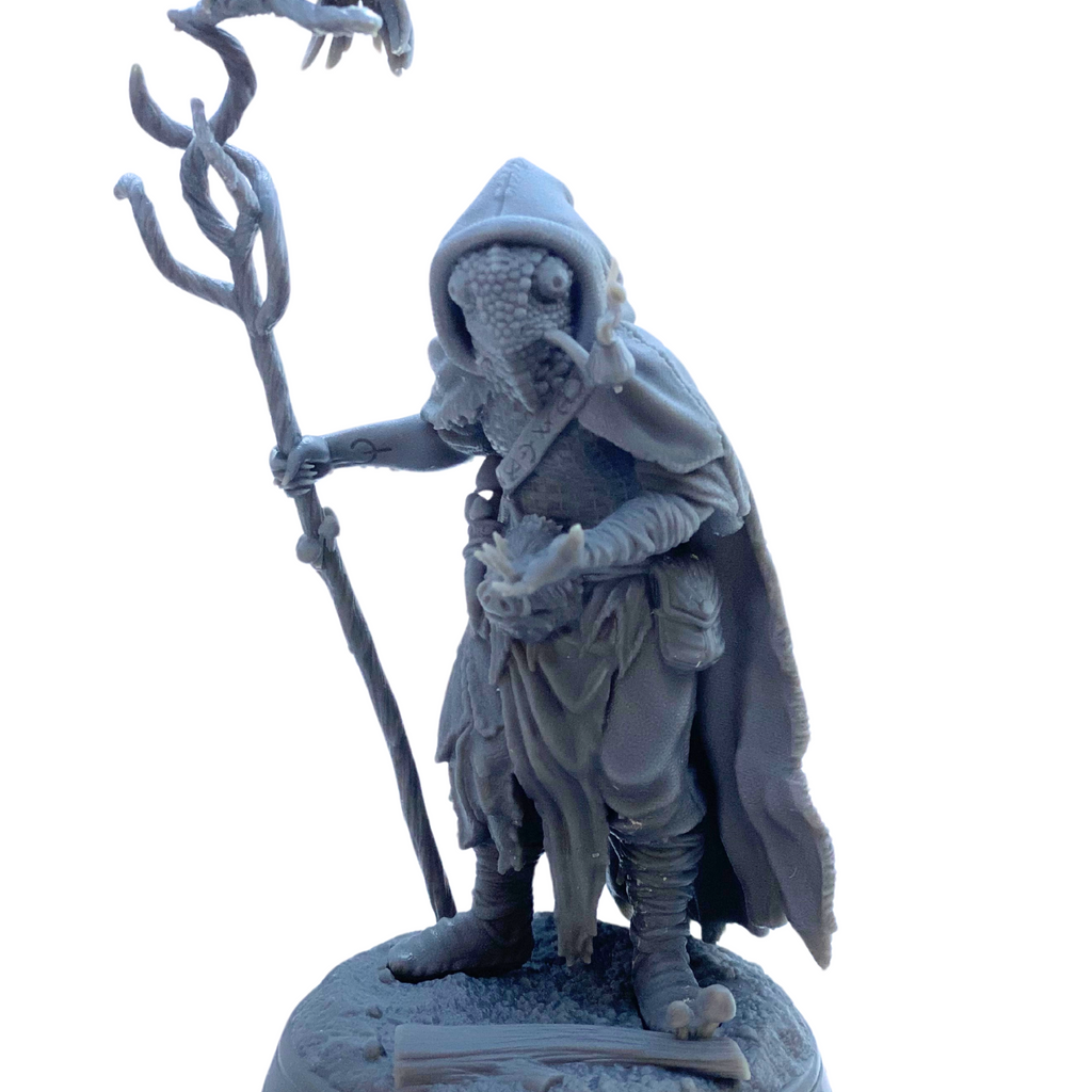 BuildInk 3D Printed Lizardfolk Druid Miniature – 75mm Resin Fantasy Model – Unpainted Gray