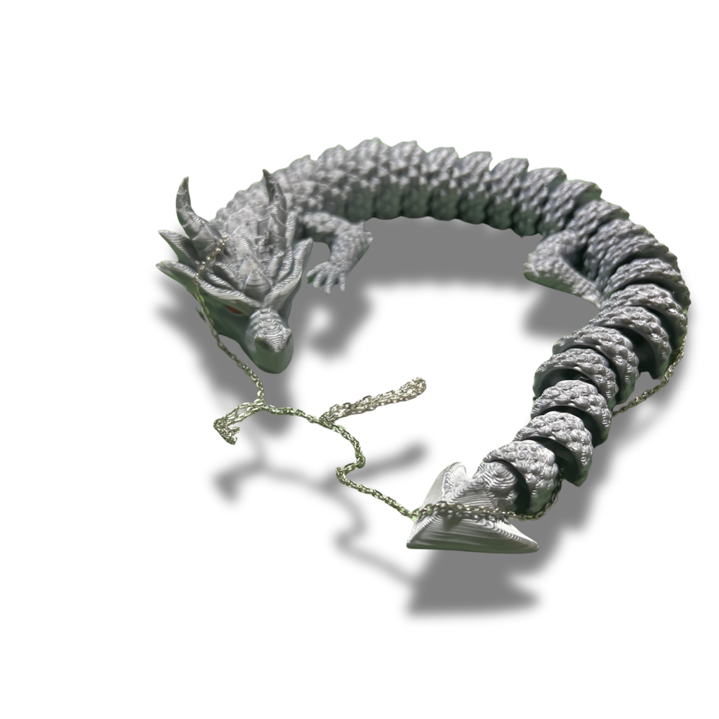 Articulated Dragon Necklace 14" - Silver w/ Red Eyes 3D
