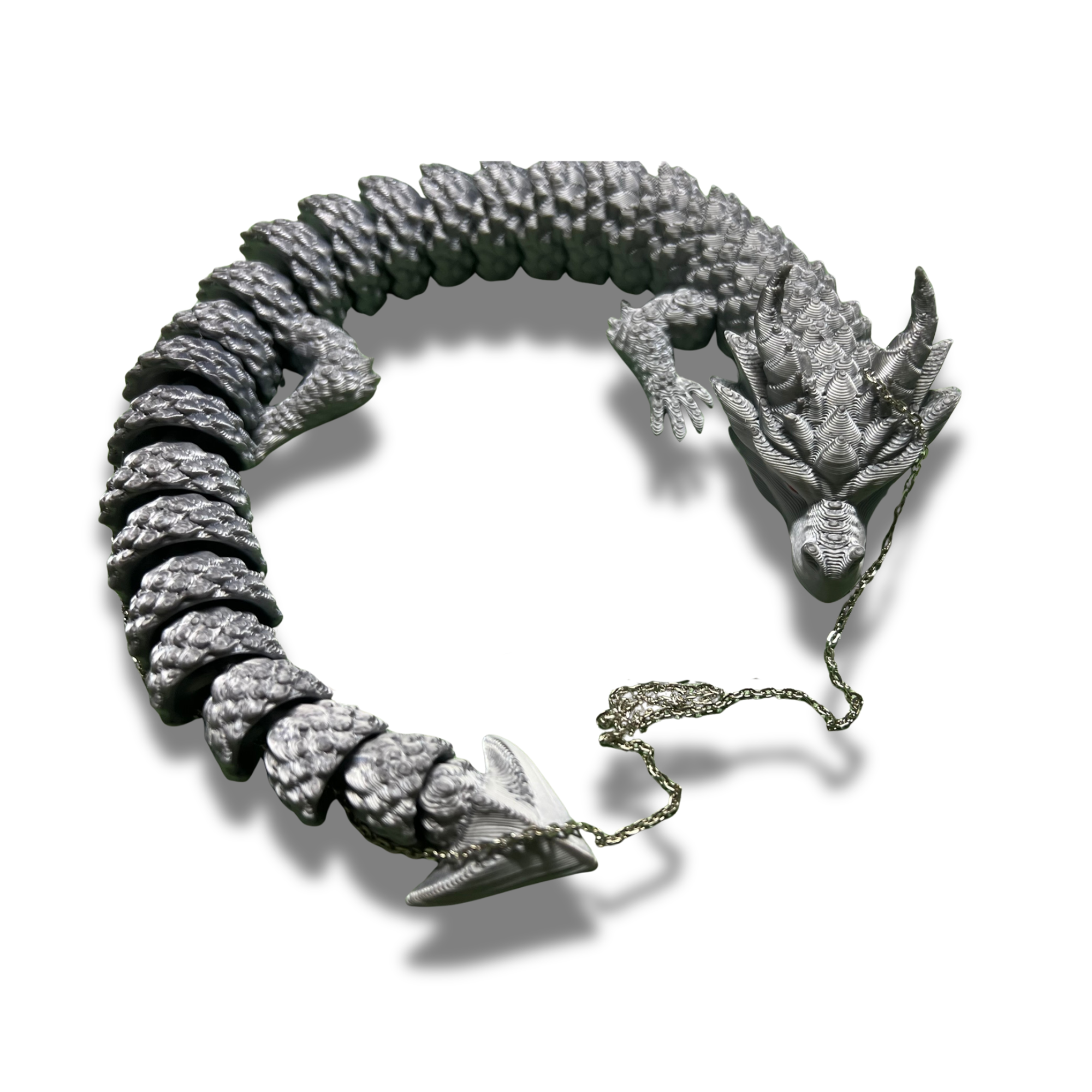 Articulated Dragon Necklace 14" - Silver w/ Red Eyes 3D