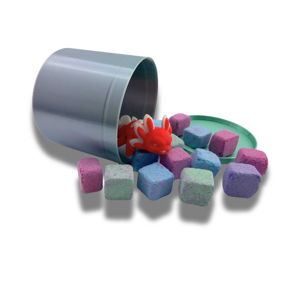 Tiny Bath Bomb Cubes Set with Random 3D Printed Axolotl & Storage Container – Approx 15 Pieces