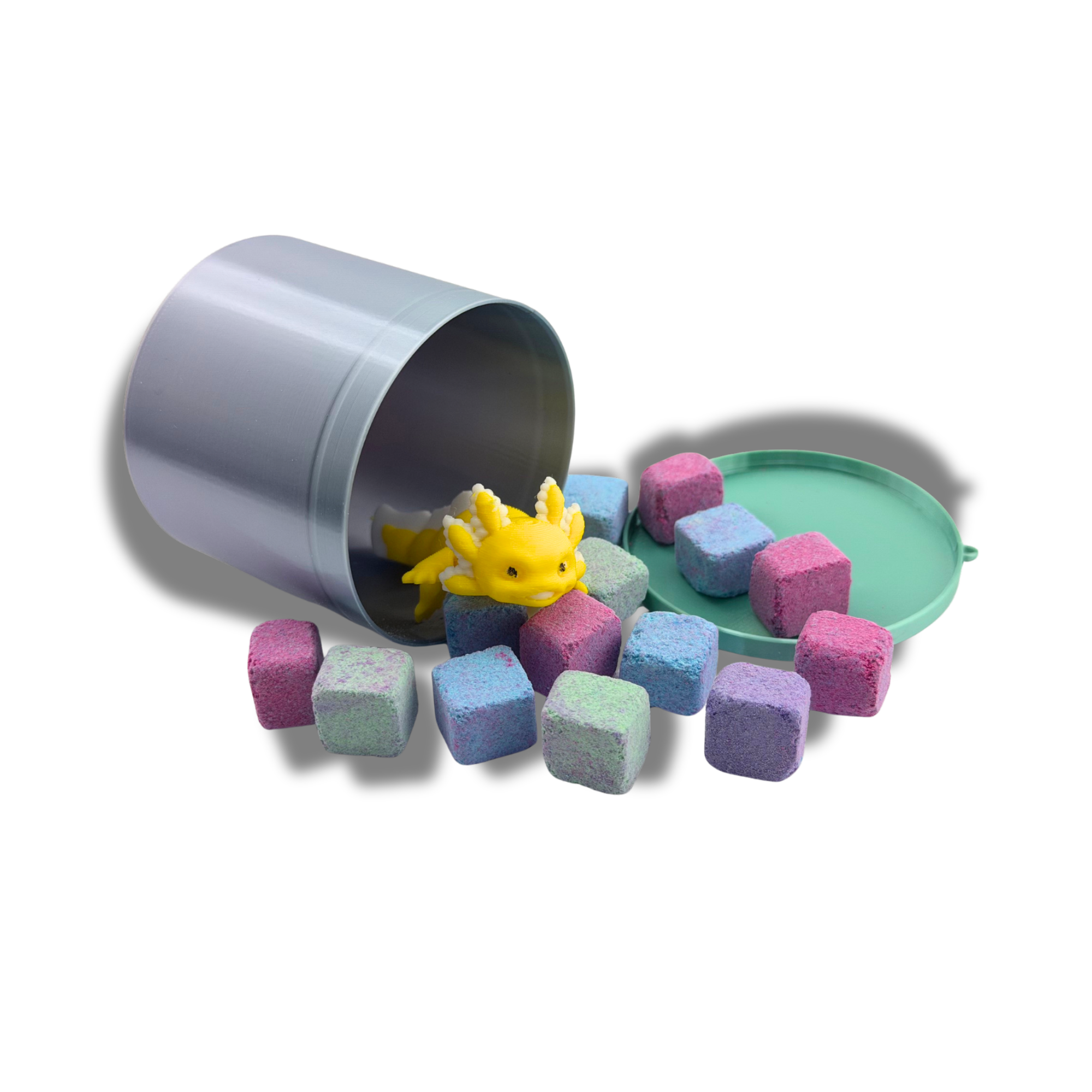 Tiny Bath Bomb Cubes Set with Random 3D Printed Axolotl & Storage Container – Approx 15 Pieces