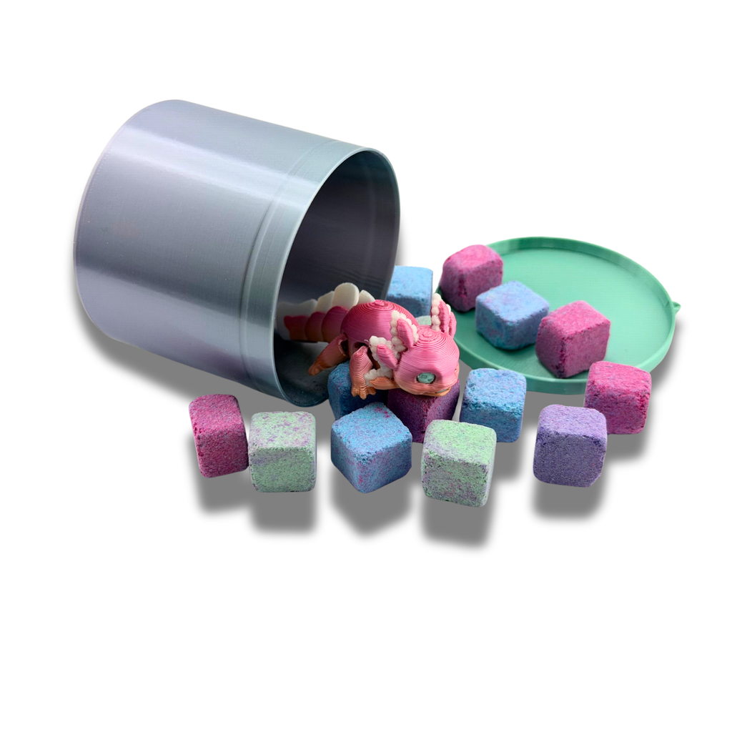 Tiny Bath Bomb Cubes Set with Random 3D Printed Axolotl & Storage Container – Approx 15 Pieces