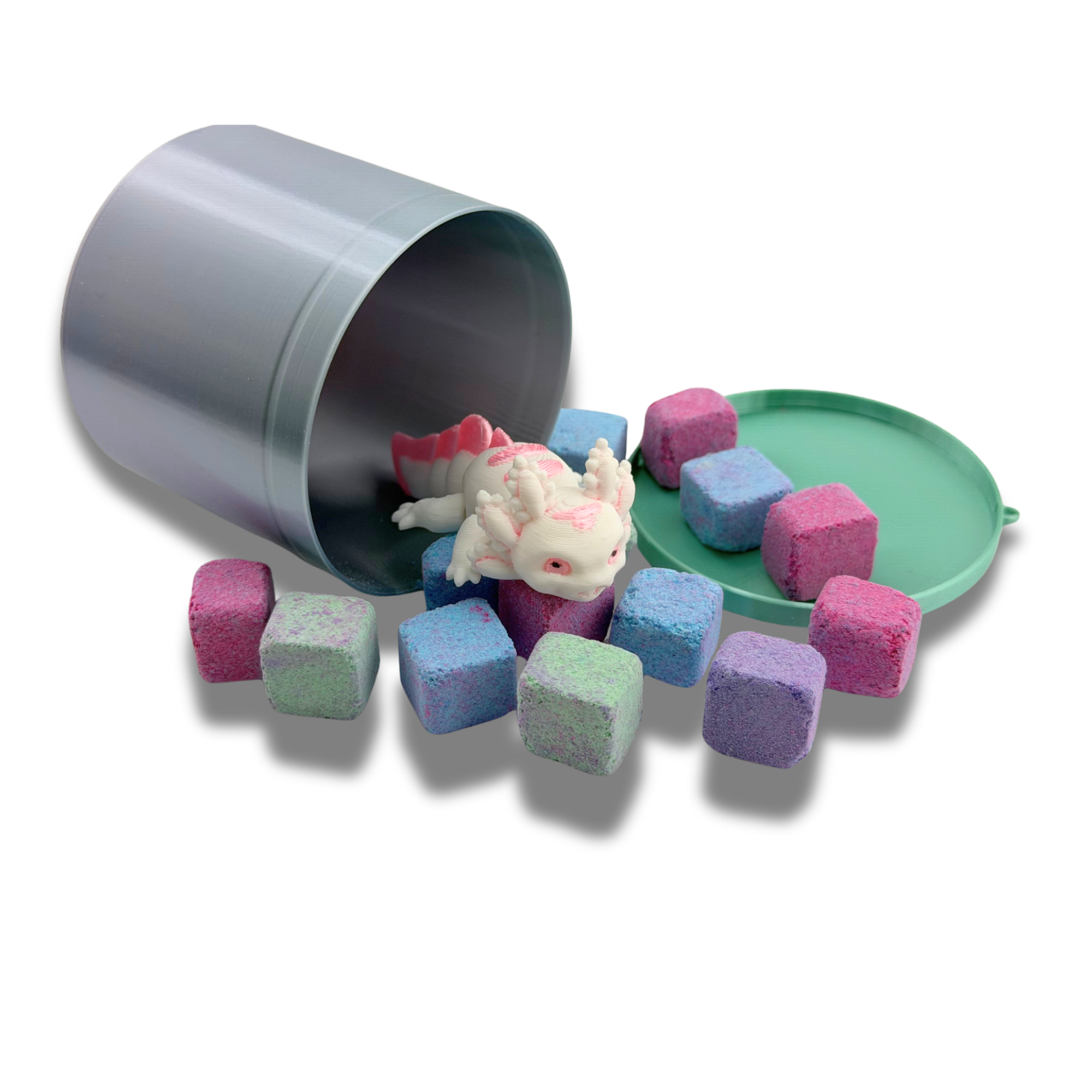 Tiny Bath Bomb Cubes Set with Random 3D Printed Axolotl & Storage Container – Approx 15 Pieces
