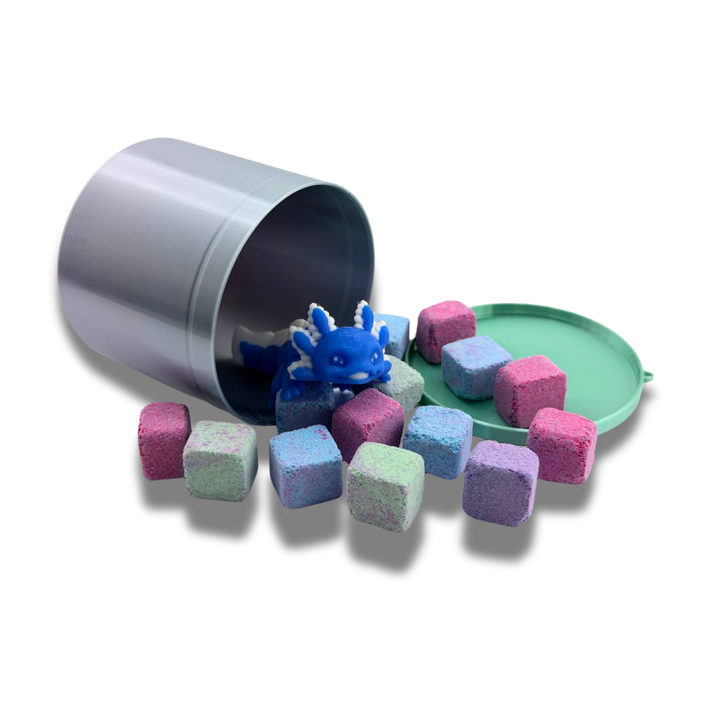 Tiny Bath Bomb Cubes Set with Random 3D Printed Axolotl & Storage Container – Approx 15 Pieces