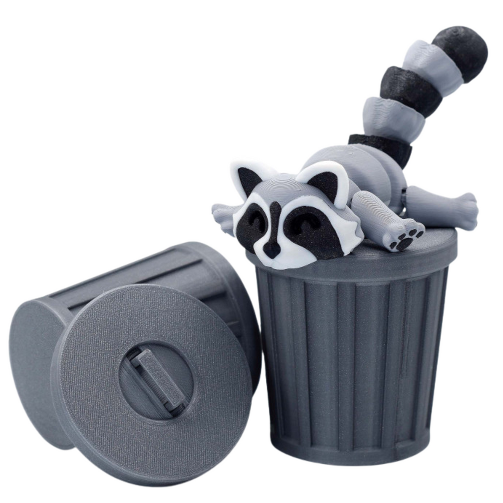 Mini Trash Can with Articulated Raccoon – 3D Printed Decorative Desk Bin – Fun Movable Trash Panda Collectible – BuildInk (Small - 2.5" Trash Can, 4.3" Raccoon)