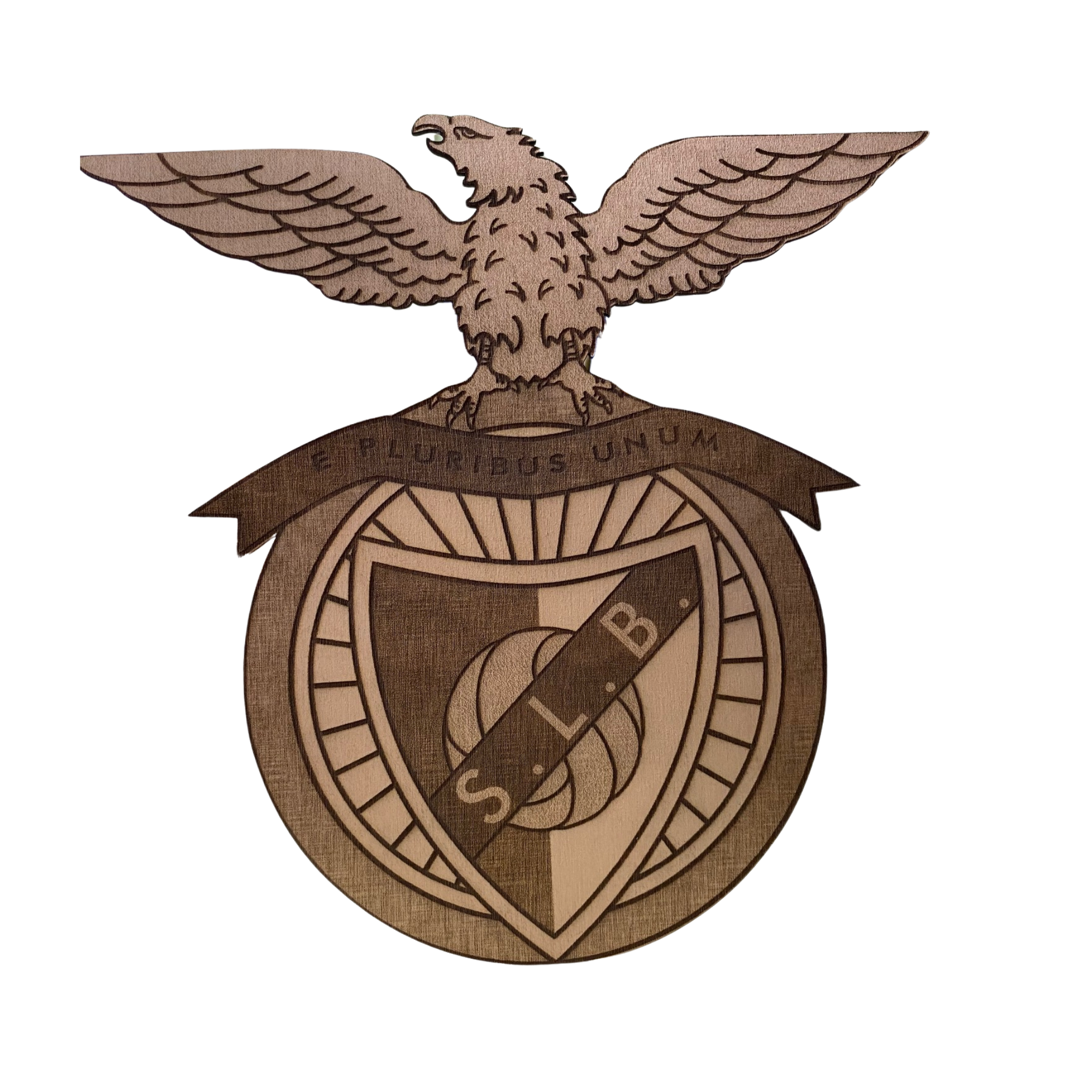 🦅 Benfica-Style Wood Crest Plaque – Eagle "E Pluribus Unum" Laser-Etched Fan Art – 9.5" x 9.75" x 3mm