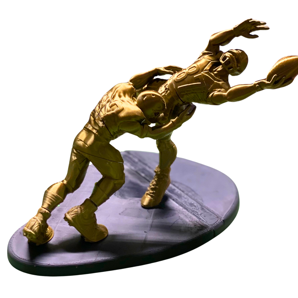 3D Printed Football Tackle Sculpture – Dynamic Sports Action Statue with Base – Approx. 9” Tall – Gold Finish