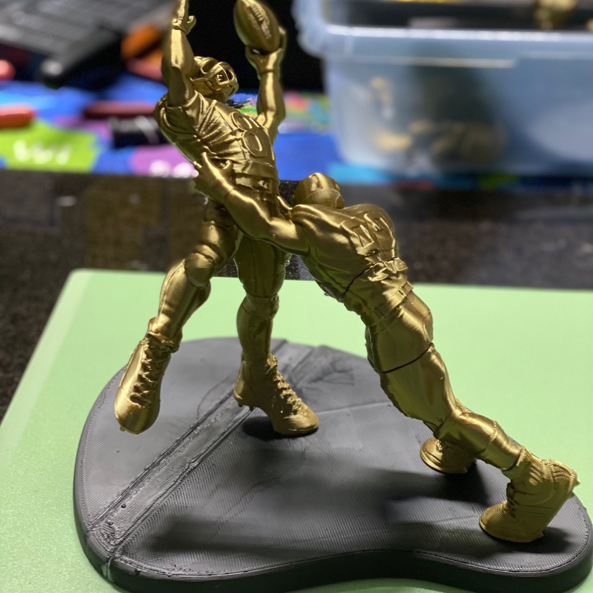 3D Printed Football Tackle Sculpture – Dynamic Sports Action Statue with Base – Approx. 9” Tall – Gold Finish