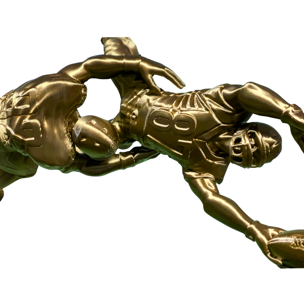 3D Printed Football Tackle Sculpture – Dynamic Sports Action Statue with Base – Approx. 9” Tall – Gold Finish