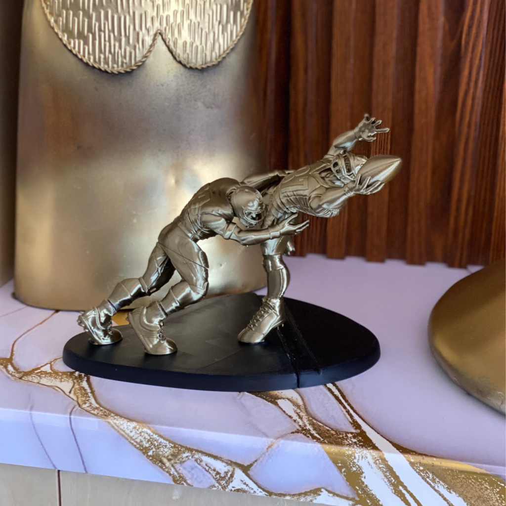 3D Printed Football Tackle Sculpture – Dynamic Sports Action Statue with Base – Approx. 9” Tall – Gold Finish