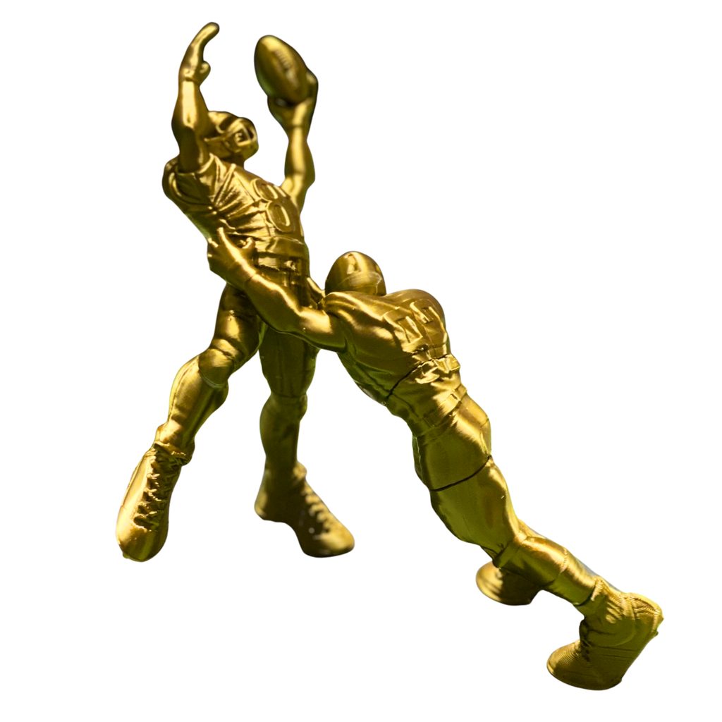 3D Printed Football Tackle Sculpture – Dynamic Sports Action Statue with Base – Approx. 9” Tall – Gold Finish
