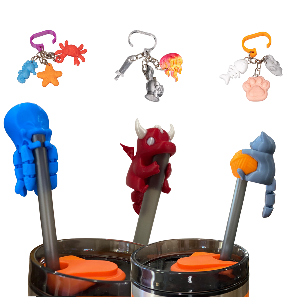 3-Pack Straw Toppers + Cup Charms Set – Cute 3D Printed Animals – Random Colors – Fits Stanley/Yeti Straws